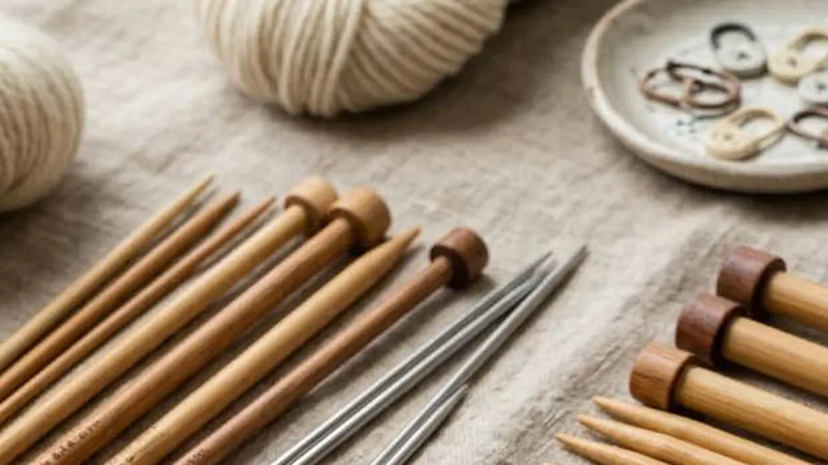 A variety of knitting needles in wood and metal