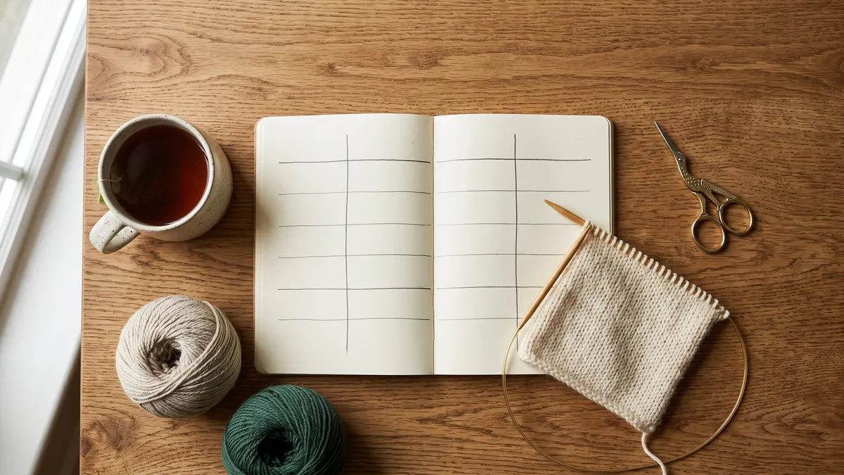 A knitting pattern with abbreviations, needles and yarn