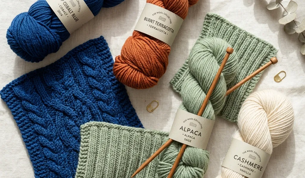 Yarn in trend colors for 2026: Blue, terracotta, and sage green
