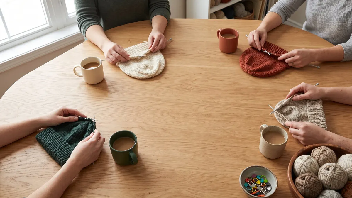Knitting circle of four people gathered around a wooden table with yarn and coffee mugs