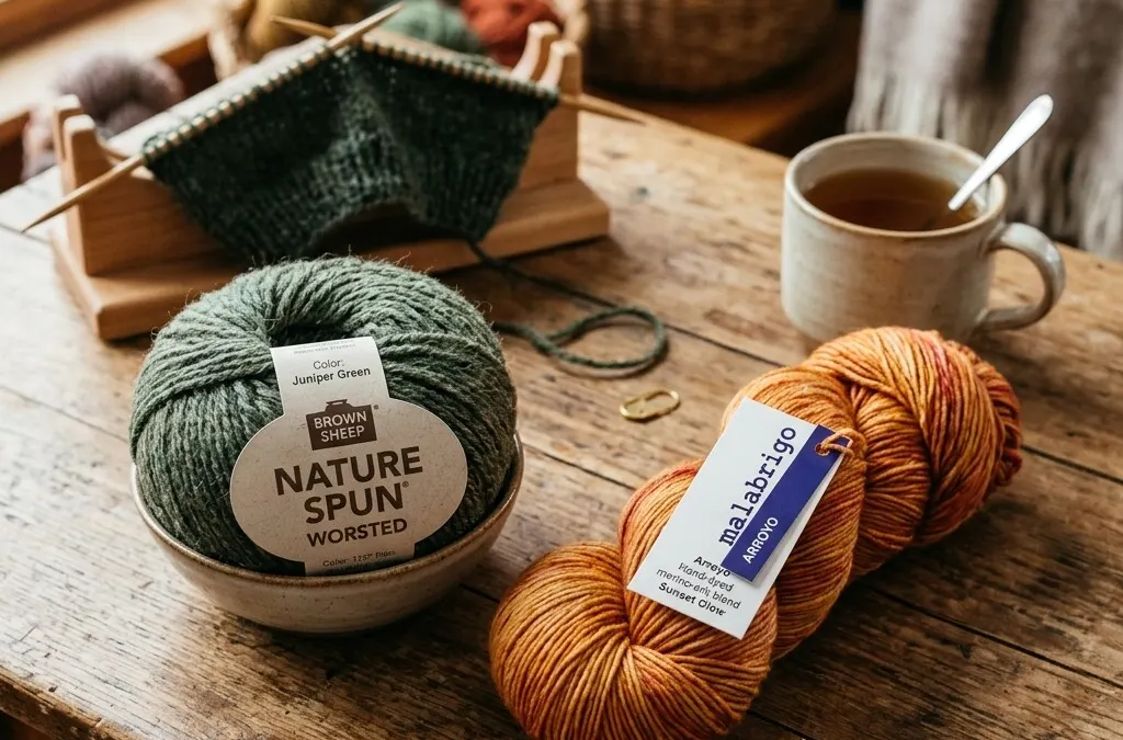Colorful yarn skeins on a wooden table