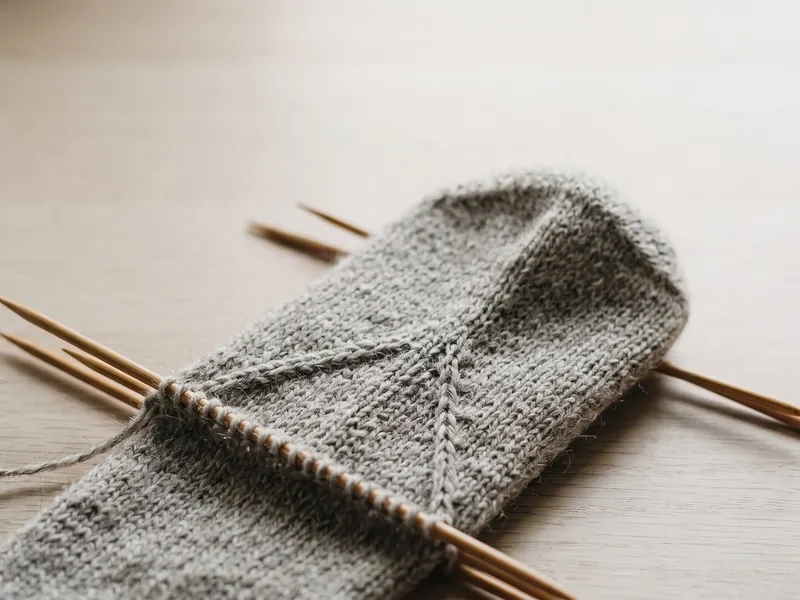 Close-up macro of a sock on four double-pointed needles with picked-up stitches and triangular gusset decrease lines