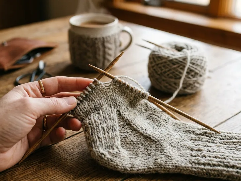 Photo of a half-finished wool sock heel flap on knitting needles