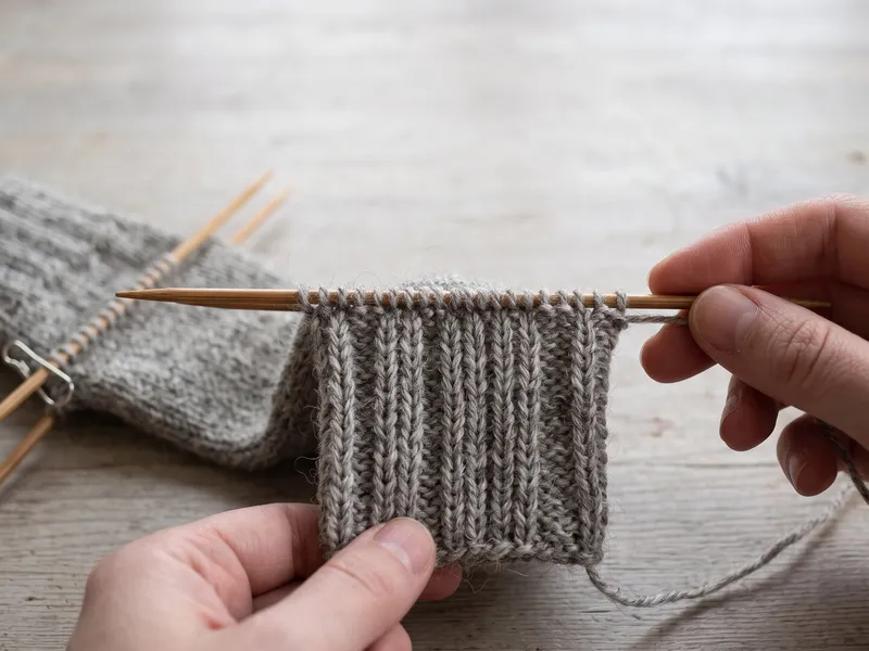 Close-up macro of a square heel flap knitted in slip-stitch rib pattern on double-pointed needles