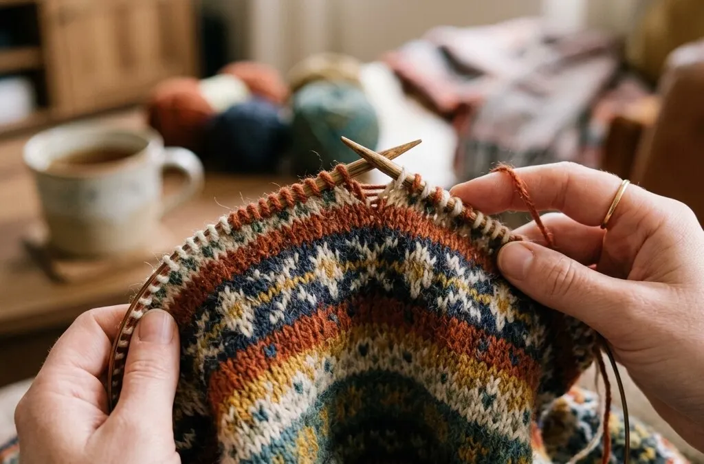 Close-up of multi-colored stranded knitting