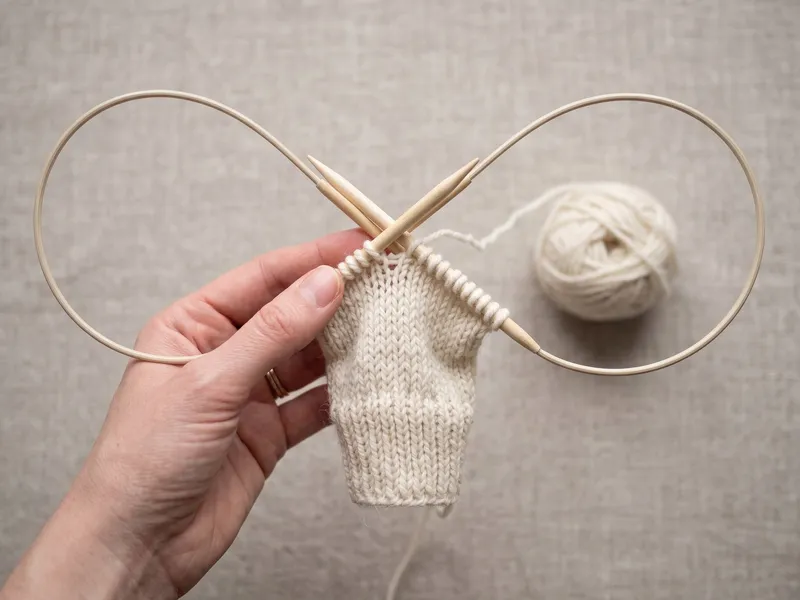 Sock in progress on a long circular needle using the Magic Loop technique with flexible cable loops on each side