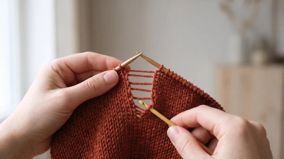 Hands rescuing a dropped stitch using a crochet hook