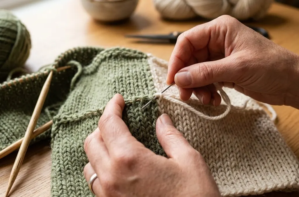 Hands working on a complex knitting technique