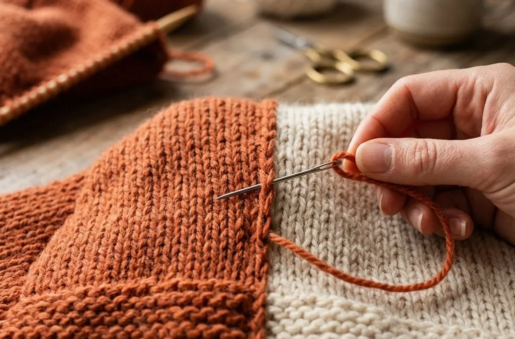 Repairing hand-knit fabric with a tapestry needle and yarn