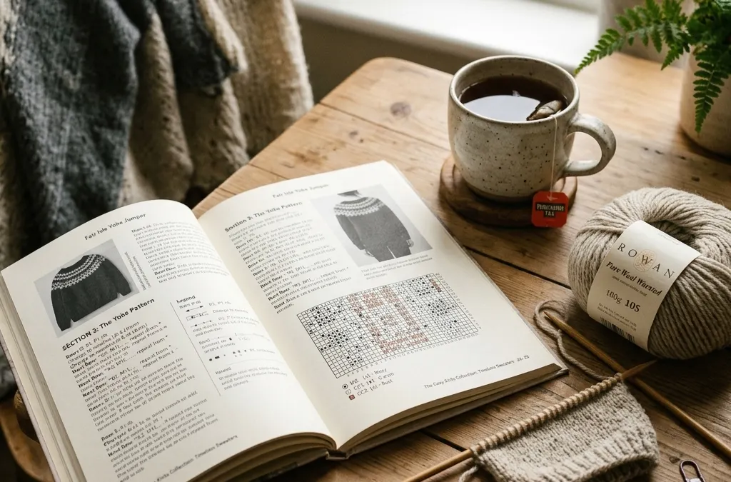 Knitting pattern, tea and cozy atmosphere