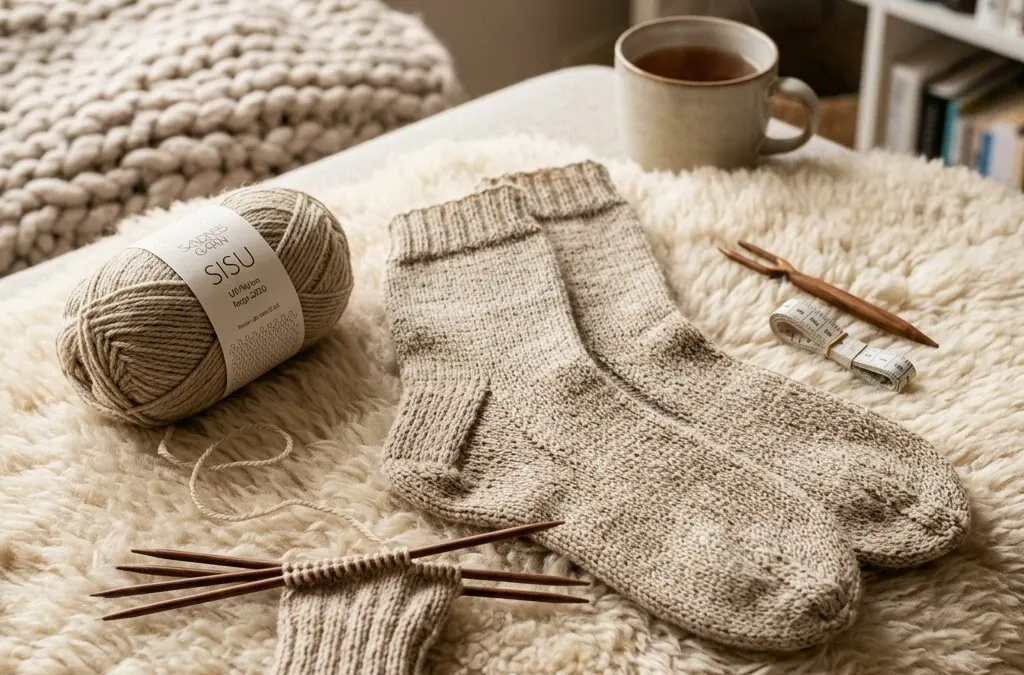 Hand-knitted wool socks on sheepskin