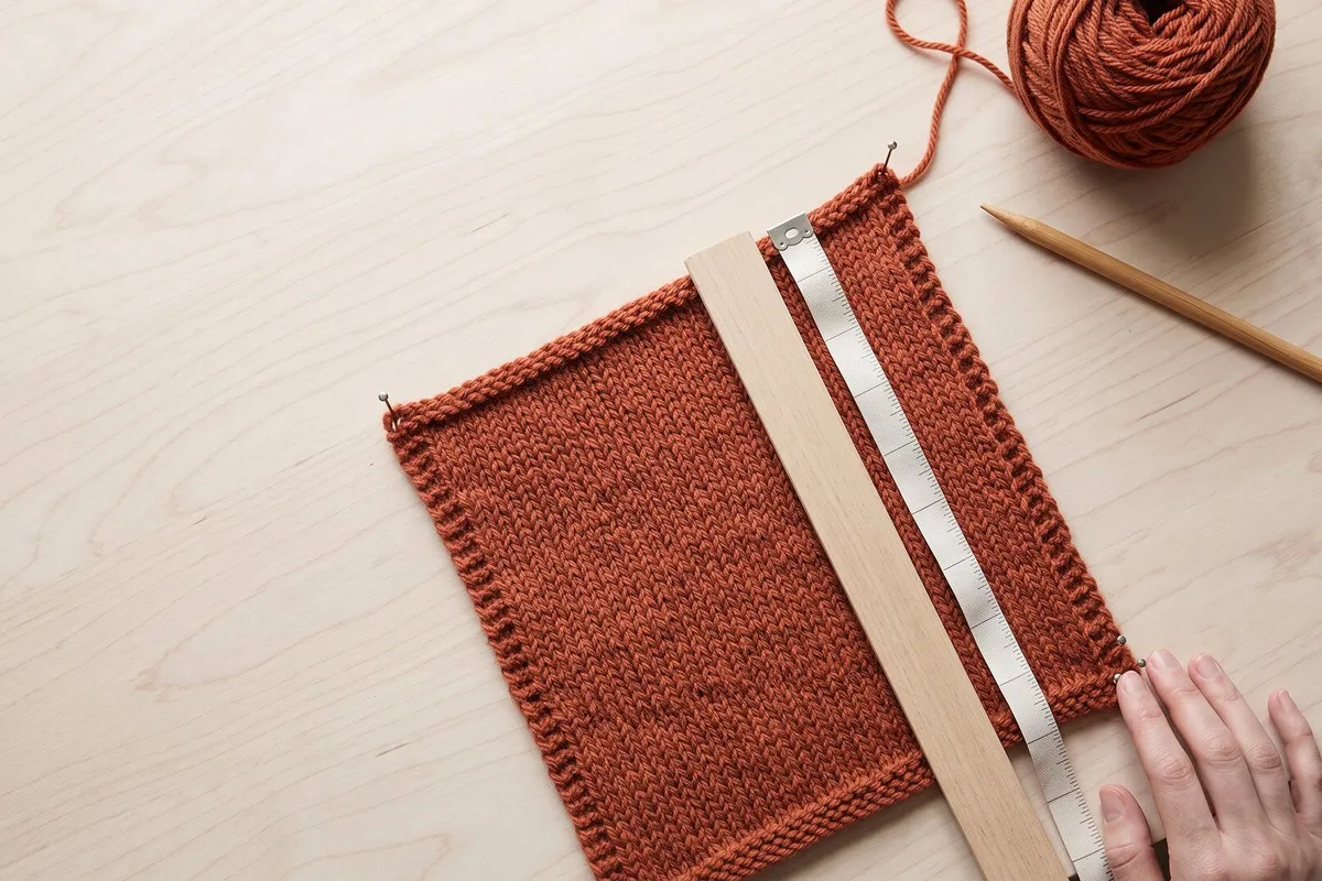 Close-up of knitting with measuring tape to check gauge