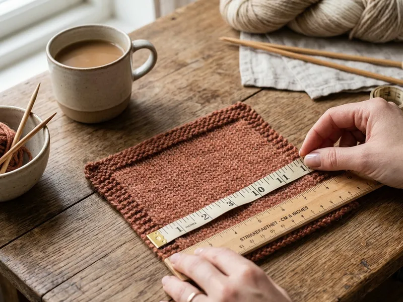 Close-up of knitting with measuring tape to check gauge