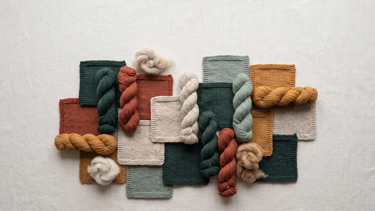 A pile of undyed and naturally dyed wool skeins beside a part-knitted sweater