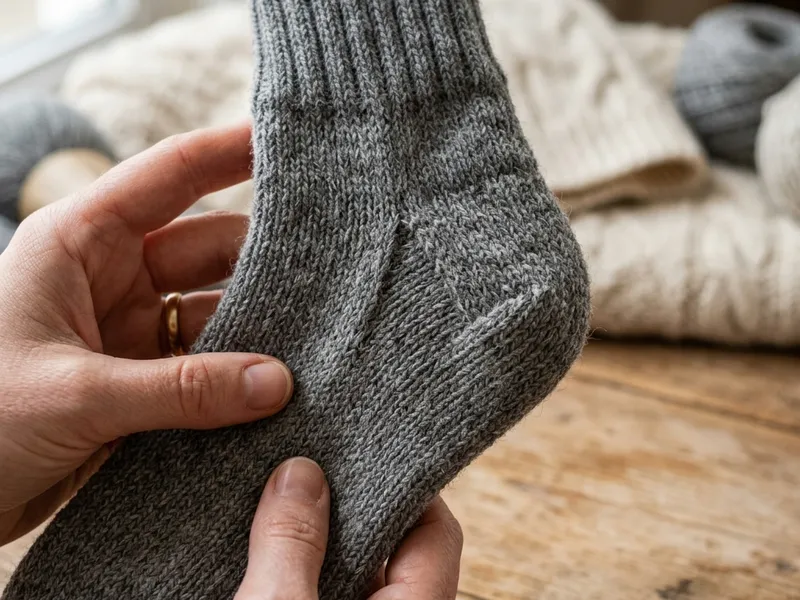 Photo of a completed turned heel cup on a grey wool sock