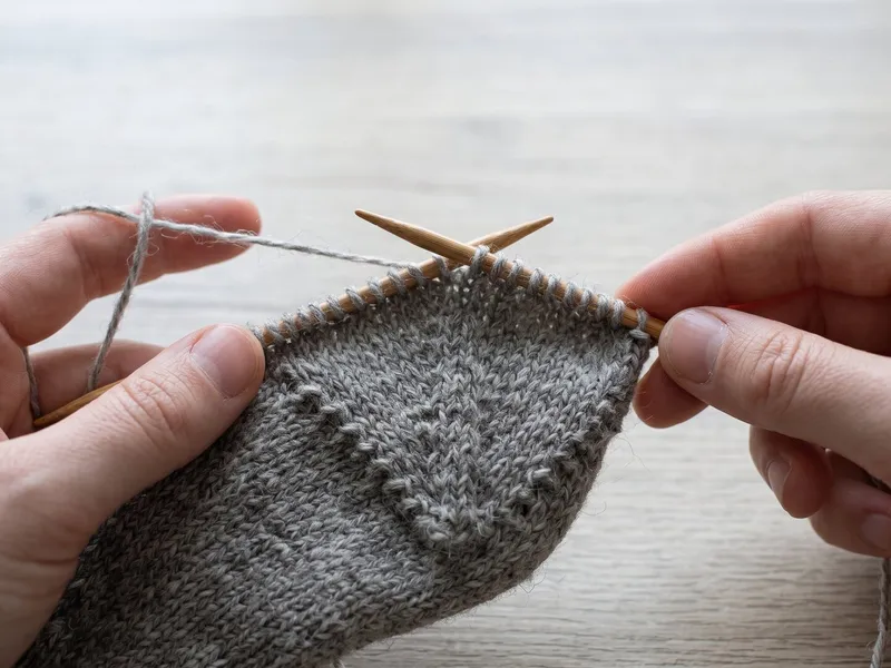 Close-up macro of a heel turn in progress with curved heel cup shape and live stitches mid-needle