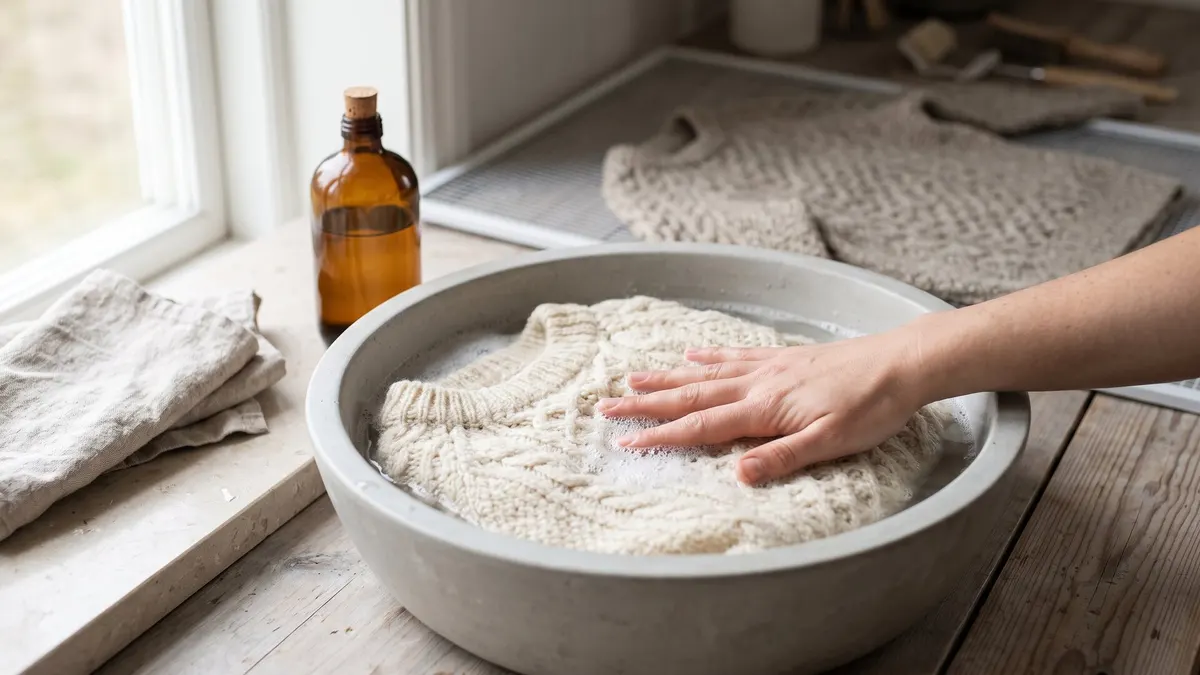 A person hand-washing wool garments