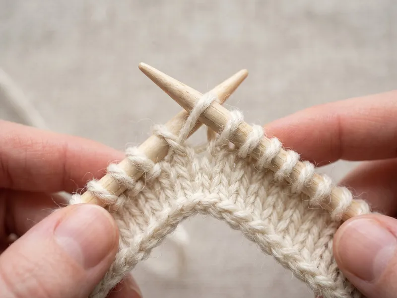 Close-up macro of forming a purl stitch: right needle inserted from right to left with yarn held in front