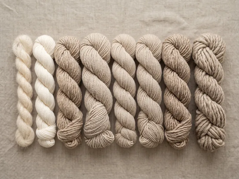 Eight skeins of yarn arranged in order from lace weight to super bulky on a neutral linen cloth