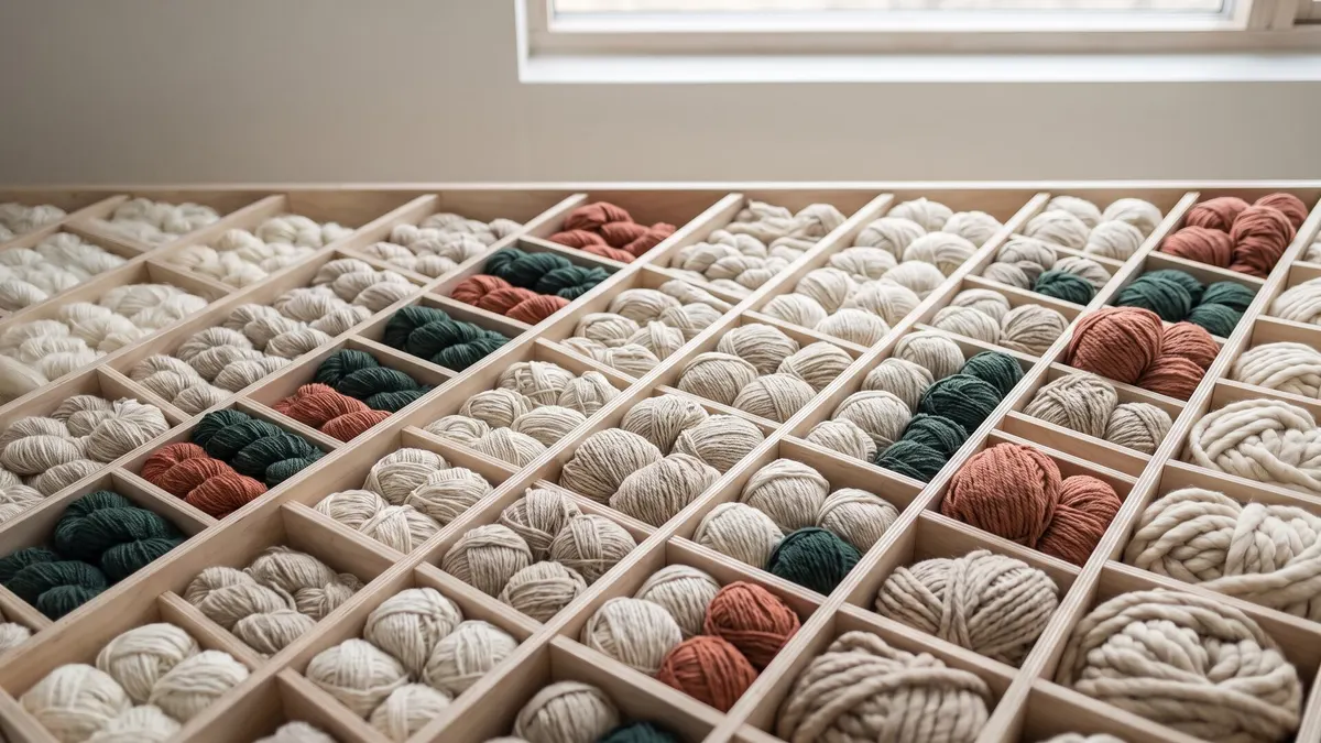 Yarn weight categories displayed across wooden shelving units from lace to jumbo