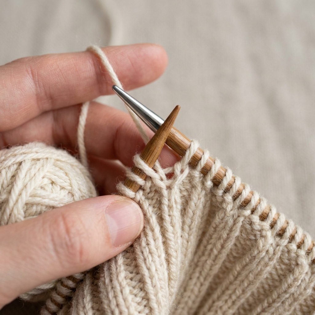 Illustration of how to perform the Italian bind-off with a tapestry needle on 1x1 ribbing