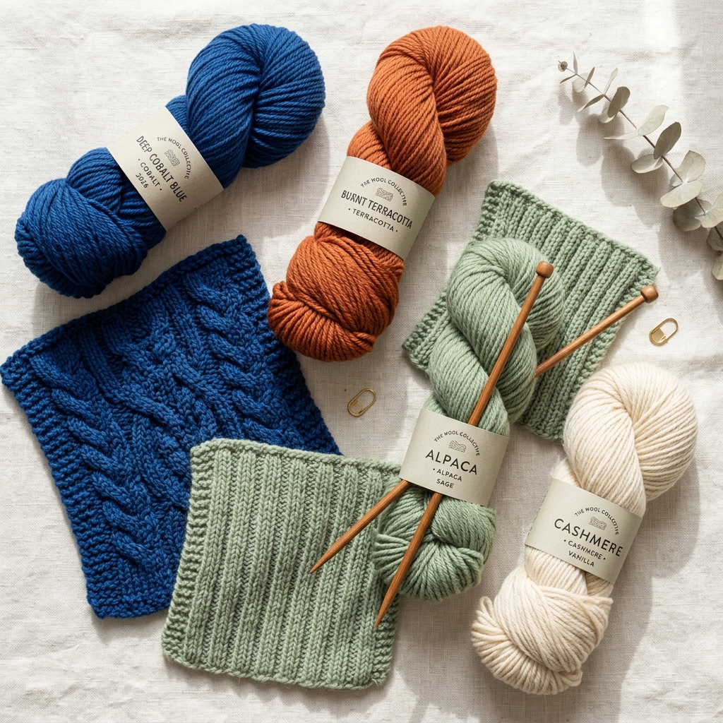 Yarn in trend colors for 2026: Blue, terracotta, and sage green